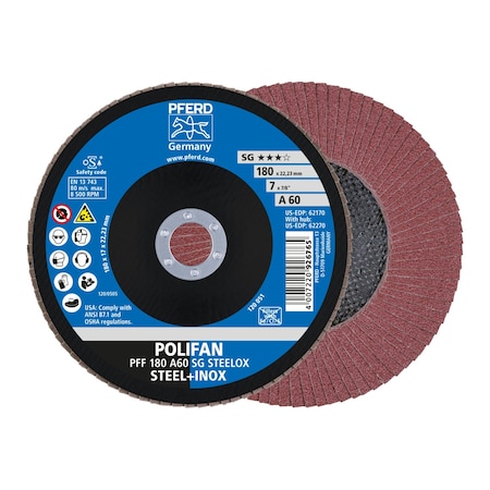 Pferd 7" x 7/8" A.H. POLIFAN Flap Disc - A SG STEELOX, Aluminum oxide, 60 Grit, Flat 62170